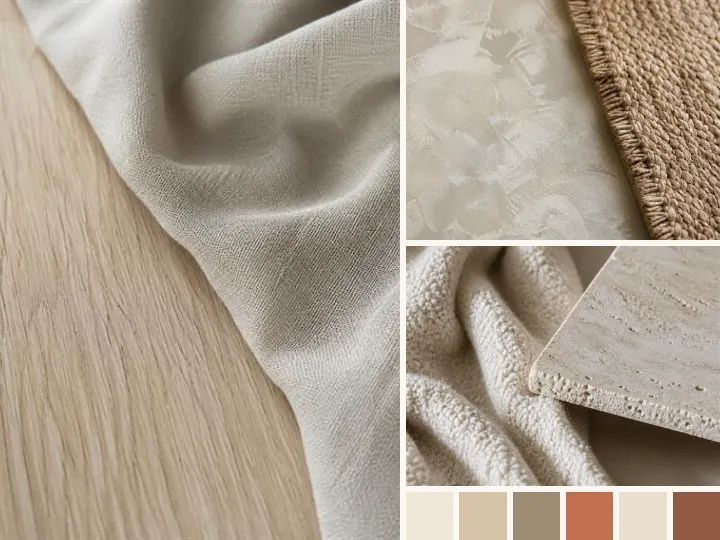 A moodboard of material close-ups — light oak and linen, limewash and jute, travertine and bouclé — over a strip of saved colours.